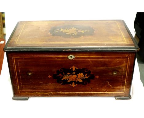Large inlaid swiss music box case lacking mechanism, 27 x 52 x 23 cm. P&amp;P Group 2 (£18+VAT for the first lot and £3+VAT f