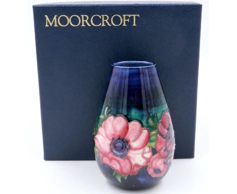 Boxed Moorcroft Anemone vase, H: 13 cm, no cracks or chips, light crazing throughout. P&amp;P Group 1 (£14+VAT for the first 