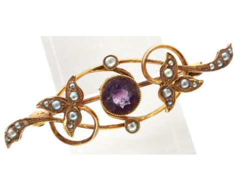 Edwardian amethyst and seed pearl brooch, L: 40 mm, 3.2g. P&amp;P Group 1 (£14+VAT for the first lot and £1+VAT for subsequen