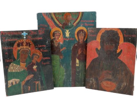 Three Russian icons inscribed 1944 and 1942 verso, largest 30 x 38 cm. P&amp;P Group 3 (£25+VAT for the first lot and £5+VAT 