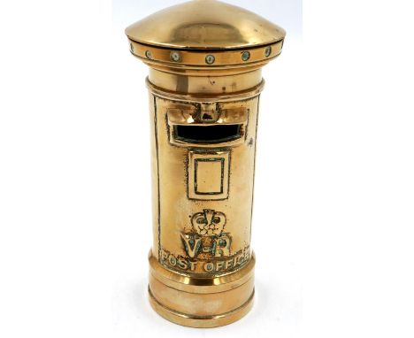 Victorian brass pillar box form moneybox, H: 15 cm. P&amp;P Group 1 (£14+VAT for the first lot and £1+VAT for subsequent lots