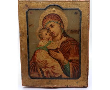 Hand painted Russian icon, 14 x 18 cm, inscribed Sortavale 1935 verso. P&amp;P Group 1 (£14+VAT for the first lot and £1+VAT 