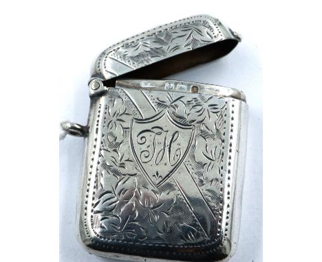 Edward VII hallmarked silver vesta case with chased decoration and initialled armorial FH, Birmingham assay 1910, 21g. P&amp;