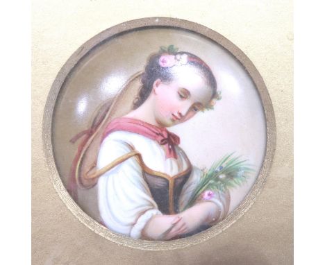Ceramic portrait miniature of a young girl in the KPM manner, framed, D: 65 mm. P&amp;P Group 2 (£18+VAT for the first lot an