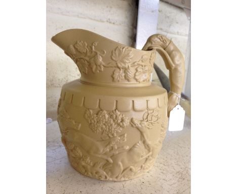 A 19th century style china relief jug, decorated with a Hunting Scene with Greyhound handle.