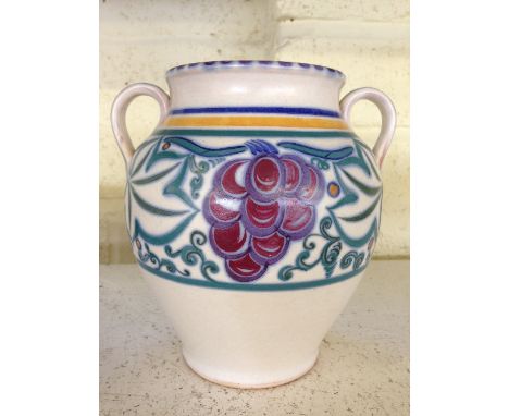 A Carter Stabler Adams Poole Pottery twin handled vase, shape 412, decorated in the TR pattern by Ruth Paveley (7.25").