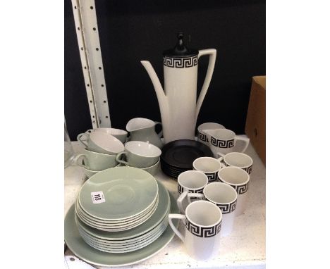 A Portmeirion china coffee service decorated in the Greek key pattern together with a Poole Pottery tea service.