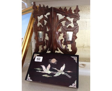 A Mother of pearl inlaid hard wood jewellery box decorated with flying birds together with a small oak corner shelf.