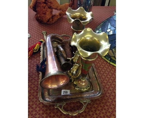 A collection of various brass and copper items including brass bugle and miniature bugle.