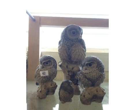 A Poole Pottery Barbara Linley Adams stoneware model of a Barred Owl (minor chips to tail feather) together with two Little O