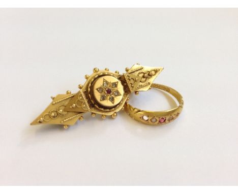 A Victorian 15 carat gold diamond and ruby set brooch together with a ladies' 15 carat gold dress ring (latter af), (4.7 gram