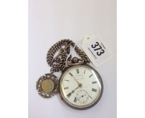 A silver cased pocket watch: The Defiance leaver on silver chain with fob.