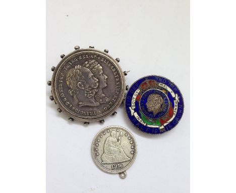 Three various mounted coins including an enamel Half Crown brooch.
(R14)