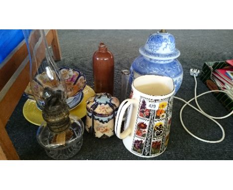 Various china items including a reproduction Chinese lamp base and an oil lamp cut glass well and funnel.