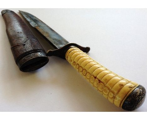 A rare 19th century Indian Bowie (hunting) knife with turned ivory handle and silver mounts by Arnachellum, Salem in original