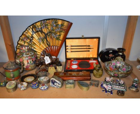 Oriental Items - white metal and enamel elephant figure; a soapstone carving, of boy riding water buffalo; a ceramic ginger j