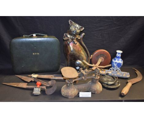 Boxes and Objects - a cast iron hopper; a cat companion stand; scales; a leather travelling case; etc