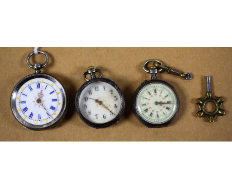 Watches - a 19th century ladies open face 935 silver fob watch, ornate floral enamelled dial, Roman numerals, gilt scrolling 