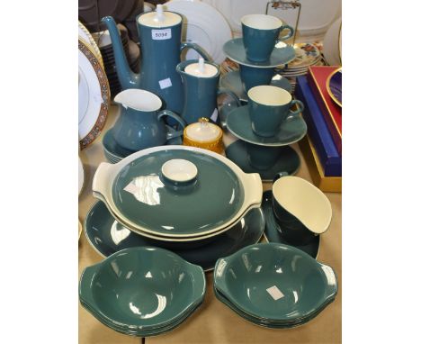 A Poole twin tone green and white part coffee set, comprising coffee pot, hot water jug, cups and saucers; other similar, inc
