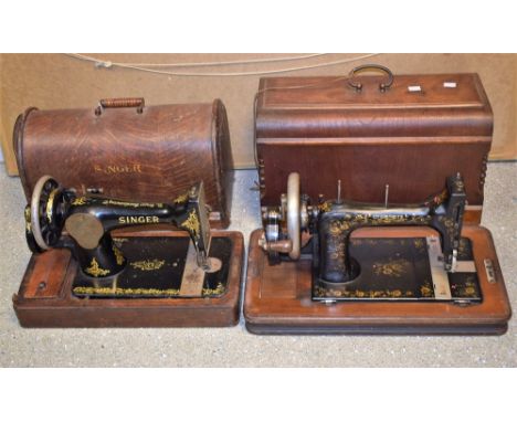 A Vintage Jones Victoria sewing machine, manual movement, cased; another, Singer (2)