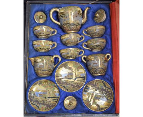 A mid-20th century Japanese Satsuma tea service, for six, comprising tea pot, cups, saucers, etc, each painted with tradition