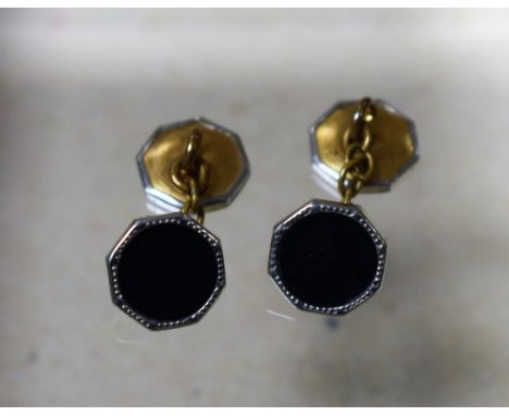 A pair of black onyx white metal capped octagonal panel cufflinks, base metal bodies, 3.9g gross