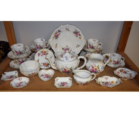 A Royal Crown Derby Posies pattern tea set, for six, comprising teapot, cream jug, sugar bowl, cake plate, side plates, cups 