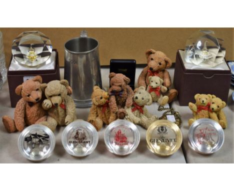 A novelty scotch whisky perspex paperweight, with whisky dram; others, similar; silver Stag head cufflinks, boxed; a collecti