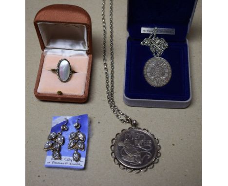 Jewellery - a 10 Rupee coin mounted on a silver belcher chain; a silver Elizabeth R pendant and chain, boxed; a pair of white