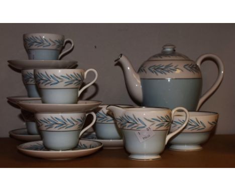 A Shelley mid-20th century Daphne pattern coffee set, for six, comprising cups, saucers, tea pot, milk jug and sugar bowl