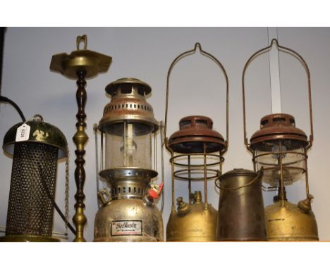 Metalware - a Mason Cash ceramic and mesh tree house bird feeder; a pair of Tilley lamps; another; etc (6)