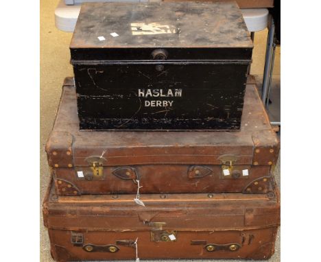 Vintage Luggage - a 19th century tin deed box, inscribed Haslam, Derby; a leather suitcase, J.W. Allen, 37 Strand, London, wi