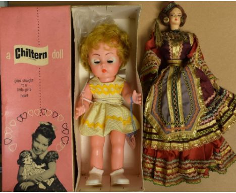 Dolls - a vintage Chiltern Toys vinyl doll, Saran Honey blond hair, sleeping blue eyes, yellow dress, white shoes, No 51/303/