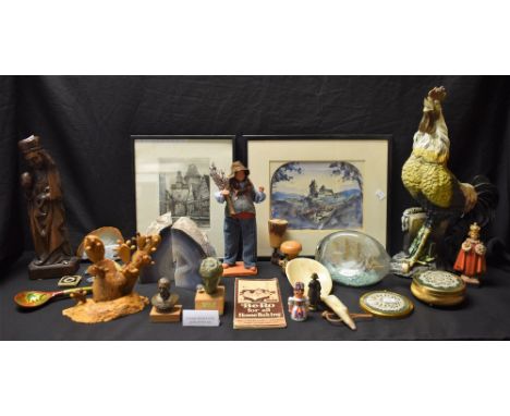 Boxes and Objects - carved wooden figures; Claude Carbonel figures; polished stone bookends; a boy scouts compass; a ship in 