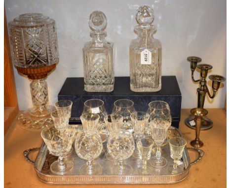 A small silver posy vase; a Stuart Crystal cut glass decanter, boxed; another cut glass decanter, Rockingham; brandy glasses;