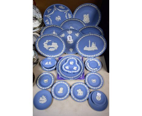Ceramics - Wedgwood Blue Jasperware, including plates and trinket dishes, Christmas and commemorative 