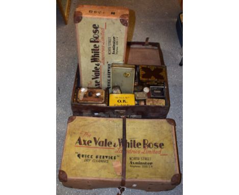 A quantity of advertising tins, including Colman's Mustard, Army Club Cigarettes, Bishop's Move Tobacco; an Axe Vale and Whit