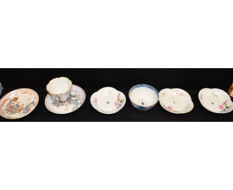 18th century Chinese teaware, including three quatrefoil shaped saucers, decorated with foliate sprigs, 10.5cm wide; polychro