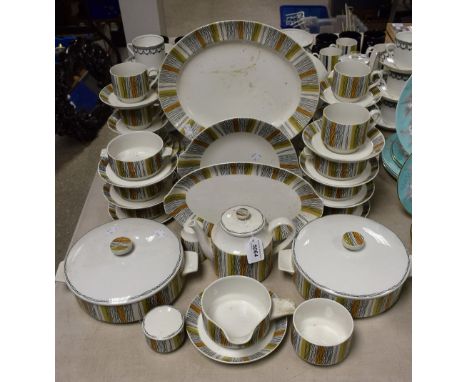 A Midwinter Sienna pattern dinner and tea service, including vegetable dishes, oval platter, soup bowls, tea pot, cups, sauce