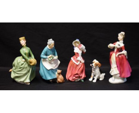 A Royal Doulton ceramic figure, The Favourite HN2249; others, Grace, HN2318, Masquerade, HN2259, Christmas Morn, HN1992; a mo