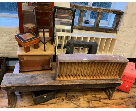 A filing shelf, with 20 compartments;  another, smaller;  an oak coopered planter on stand, book trough, a rustic 19th centur