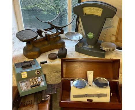 A set of Avery weighing scales;  a set of fine measurement weighing scales by Denward instruments Ltd., vintage calculating m