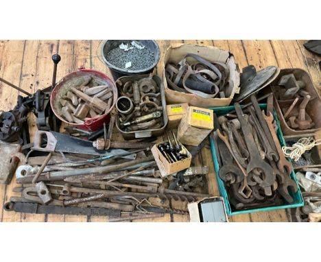 Industrial tools and equipment - a quantity of large spanners, auger drill bits, vice, etc.