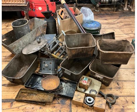 Metal ware - a large cast iron hanging scale;  Hoffman bearings, boxed;  metal troughs;  tools, spanners saws;  etc.