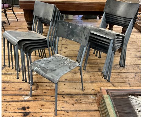 Thirteen vintage steel framed stacking chairs, and bistro table, (14).