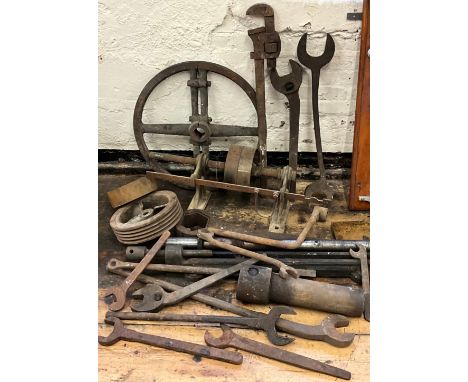Industrial tools and equipment - a large adjustable monkey-wrench, 82cm long;  large adjustable spanner;  other large spanner
