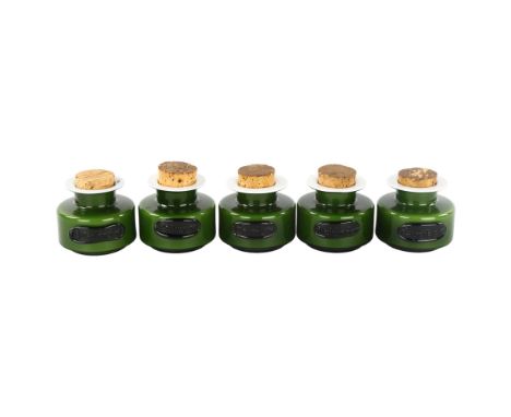 MICHAEL BANG for Holmegaard, a set of 5 glass spice jars, height 7cmBottles in good condition, corks have slight deterioratio
