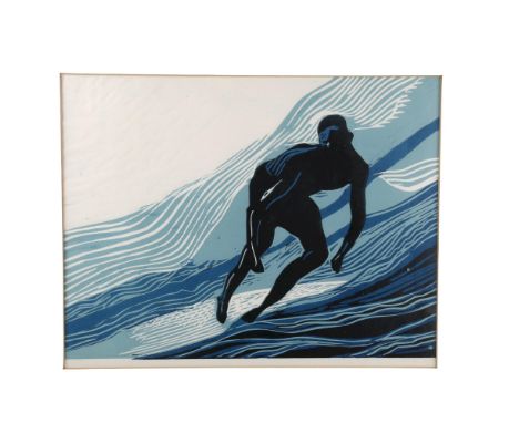 A mid 20th century Linocut print of a surfer, framed, image 40 x 30cmGood condition, frame chipped around edges 