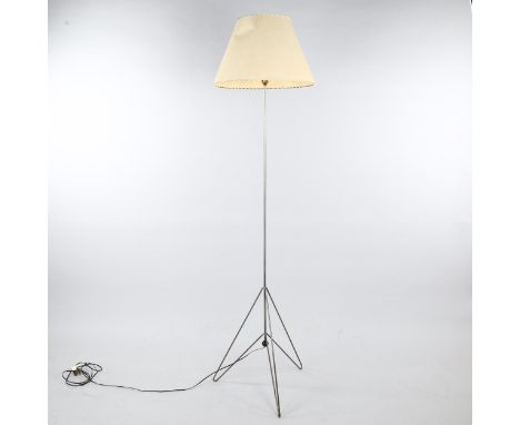 A 1950s' steel standard lamp, in the manner of ERNEST RACE, with Skylon style base, later parchment shade, height of lamp bas
