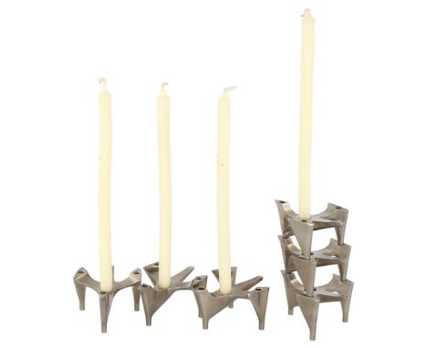 A set of 6 HAMMONIA MOTARD "Vogelflug" stacking candle holders, designed 1970s', can be configured to make a candelabrum, wit